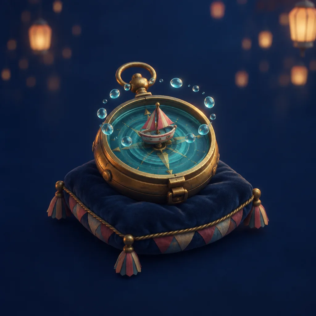 Tidewater Compass: kompas kuningan berkaca teal dengan perahu kecil sebagai jarum, di atas bantal beludru.