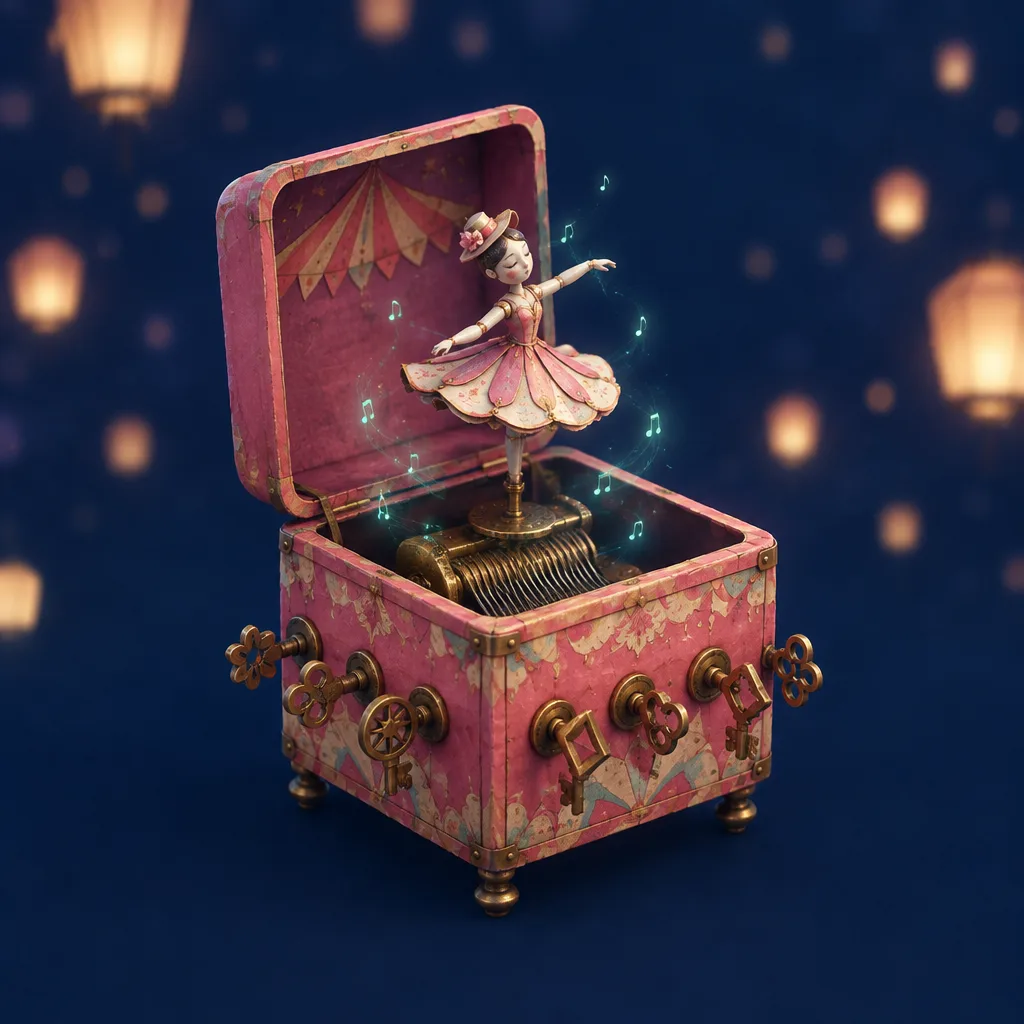 Seven-Key Music Box: kotak musik merah jambu terbuka dengan penari porselen dan tujuh kunci putar kuningan.